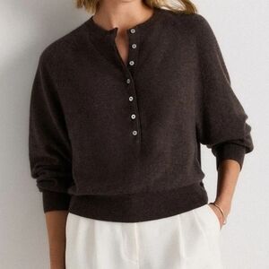Quince Women Mongolian Cashmere Dolman Sleeve Henley Sweater Heathered Brown M